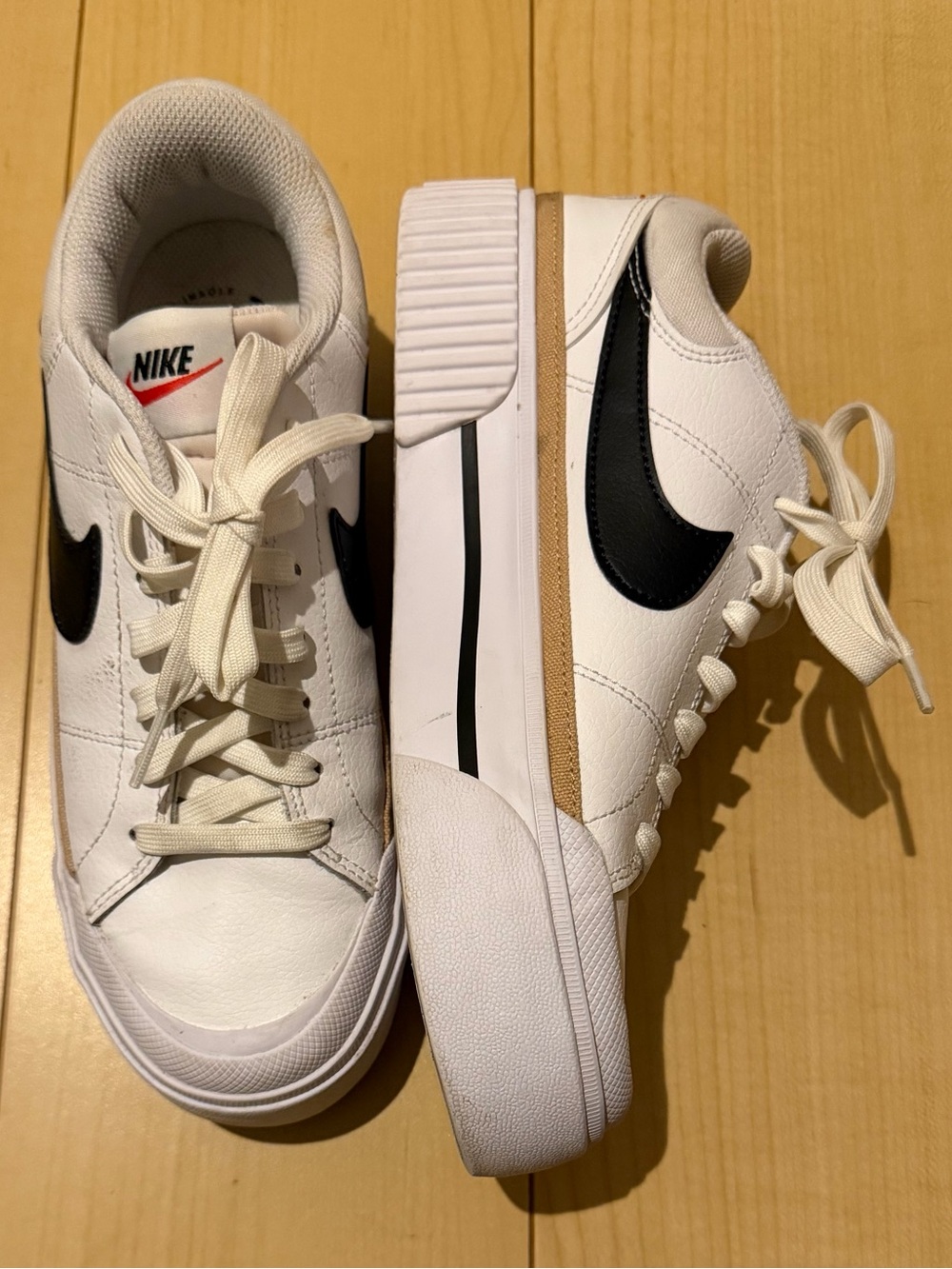 Nike Women's White Sneakers with Black Swoosh and Tan Trim - Picture 2 of 4
